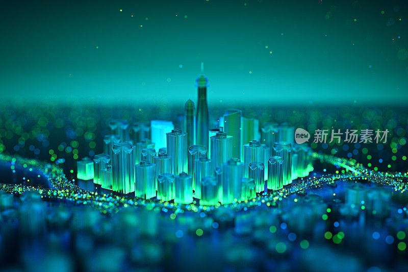 物联网。未来科技背景，网络游戏城市。三维渲染