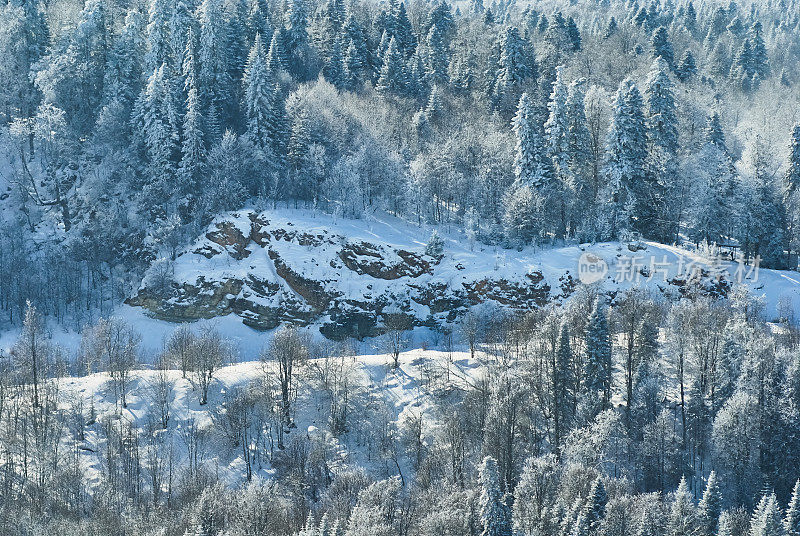 山的风景。中间是一块岩石，前景是一片冰雪覆盖的森林。拉各斯纳基，主要的高加索山脉，俄罗斯