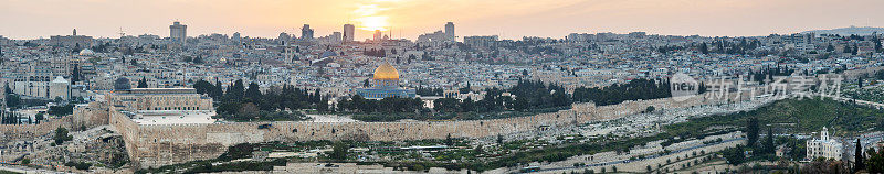 耶路撒冷城市风景日落圣殿山全景以色列