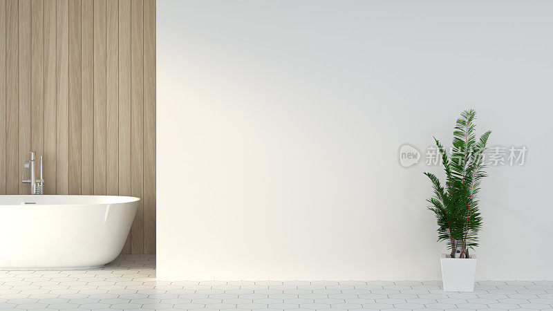 简约干净的浴室内部，淋浴，现代家居设计背景白色瓷砖浴室3d渲染斯堪的纳维亚设计风格，自由的文字空间