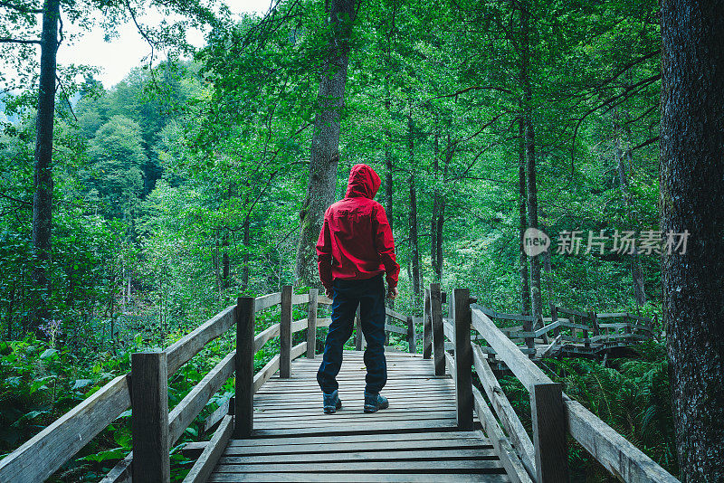 一个成年人在徒步旅行时穿过一座吊桥