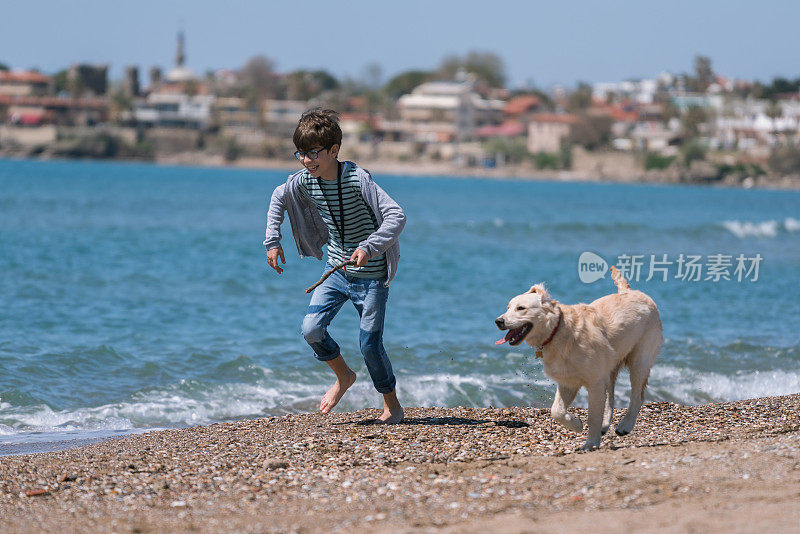 快乐的男孩和她的狗在沙滩上奔跑