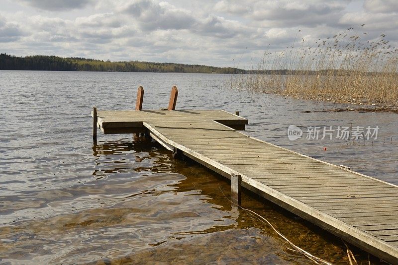 靠近水边的木制码头，背景是多云的天空。Saimaa湖。