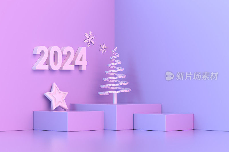 2024新年，圣诞装饰物与讲台，平台，霓虹灯背景