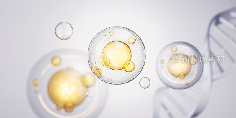 化妆品保湿水分子，化妆品精华液，液体泡泡，以水为背景，3d渲染