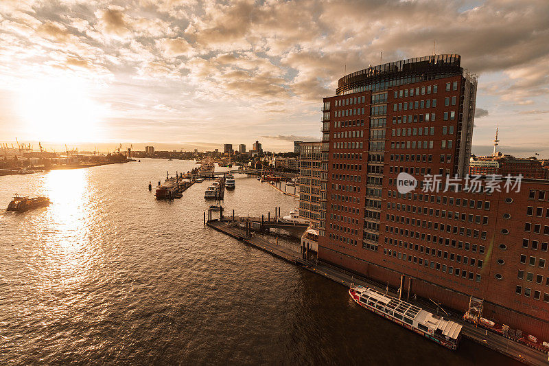 汉堡港城区的Speicherstadt。德国风景，德国旅行摄影。易北河与商业码头的照片。夕阳和天空，傍晚的好天气。港口的船只和建筑。