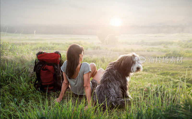 一个背包客和一只狗在一个令人惊叹的风景