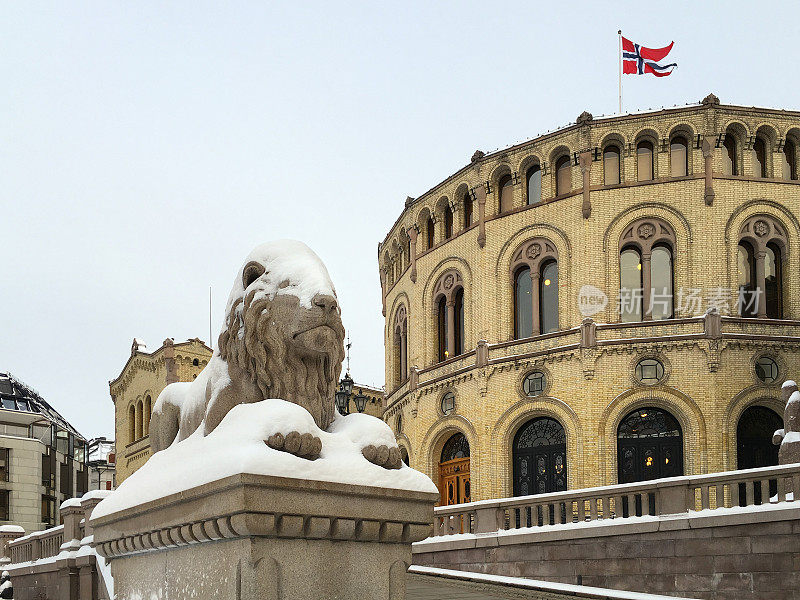 挪威国会大厦的狮子雕塑和雪，奥斯陆