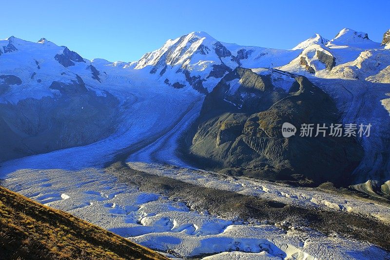 瑞士阿尔卑斯山，日出时戈纳冰川上的罗莎山崩裂