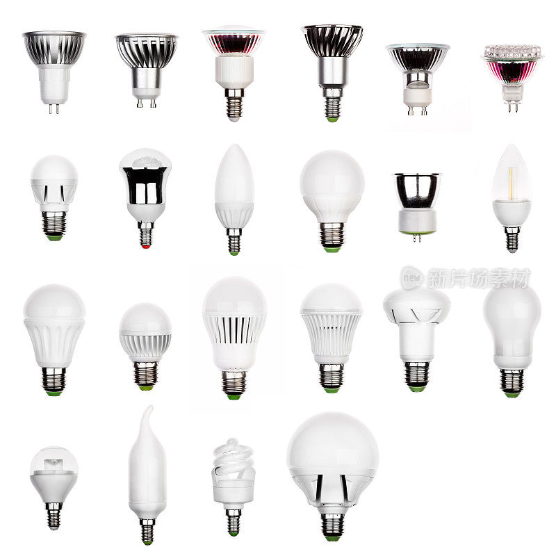 一组LED灯泡与不同的插座隔离的灯泡