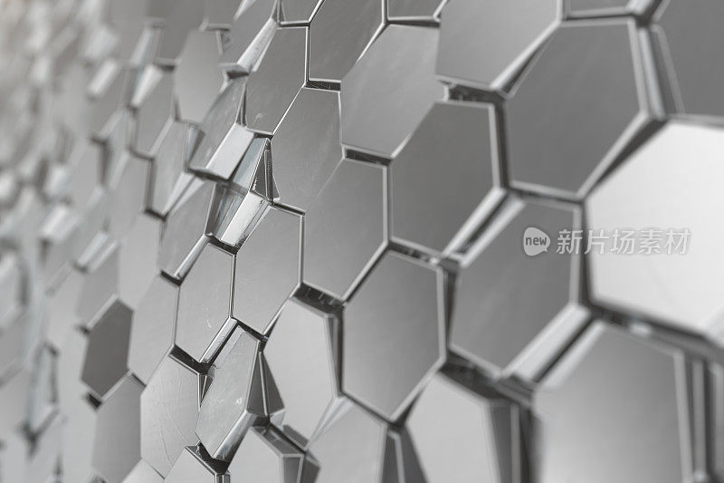 银色抽象六角形背景与景深效果。结构为大量六边形。钢蜂窝墙纹理，闪亮的六边形集群背景，3D渲染