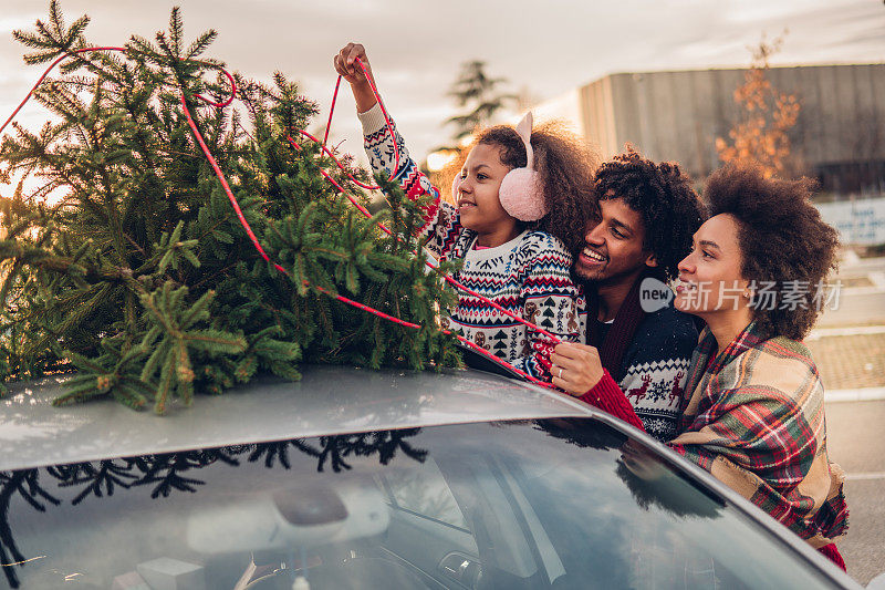 微笑的一家人把圣诞树放在车顶上