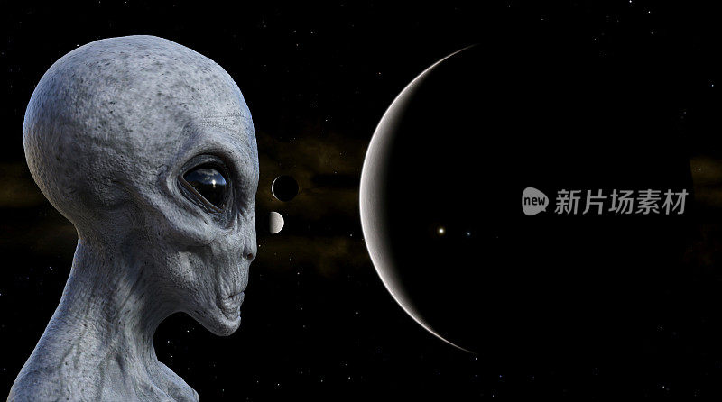 一个灰色的外星人在前景与行星和卫星在背景的插图。