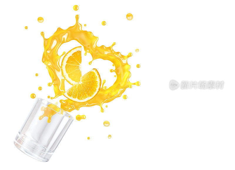 橙汁溅成心形。从玻璃杯中溅出果汁-柑桔汁，橘子汁，柠檬汁。