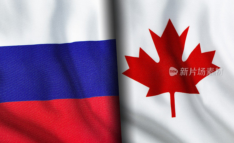 俄罗斯和加拿大的国旗并排站着