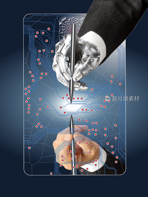 一个人类和机器人商人在一个数字平板电脑上与一支笔一起工作。位置信息反映在监视器上。
