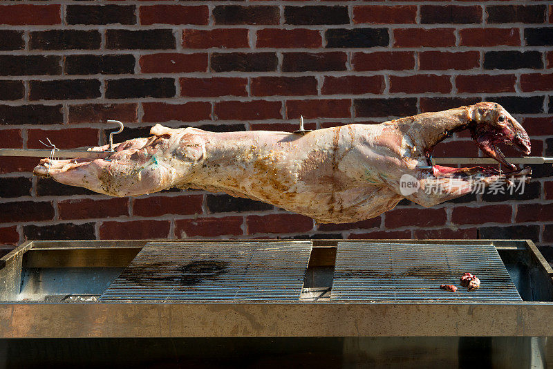 在加拿大多伦多市的希腊节上，整只羊羔被放在炭火上烤