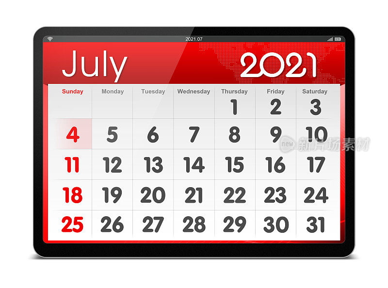 (剪辑路径)7月2021年数字平板电脑孤立日历