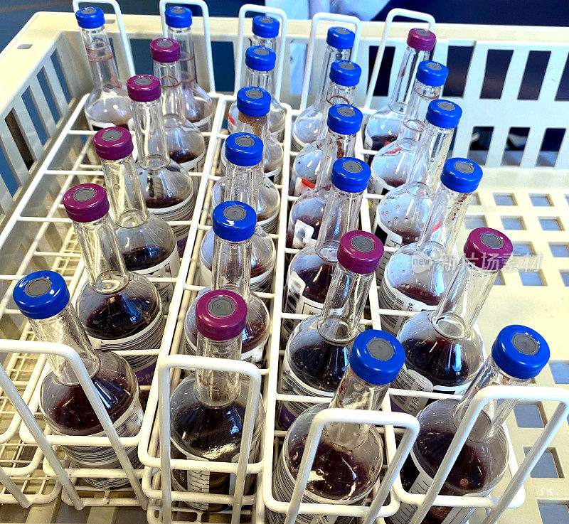 一篮血培养瓶。血液培养是医学实验室用来检测病人血液中的细菌或真菌的试验。