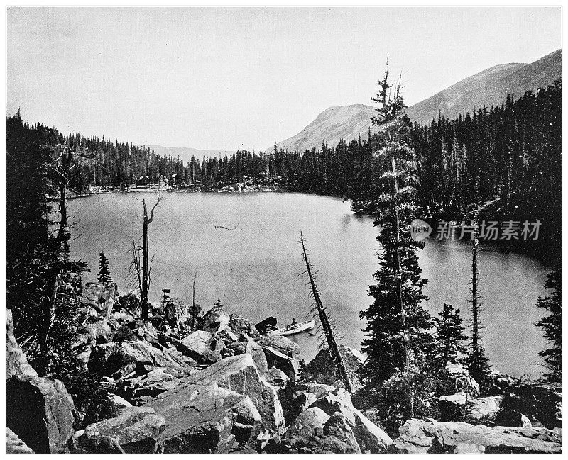 美国地标的古董黑白照片:绿湖，科罗拉多州