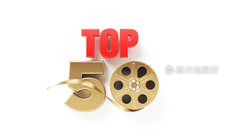 top50电影概念-金色胶片卷轴形成top50字在白色背景