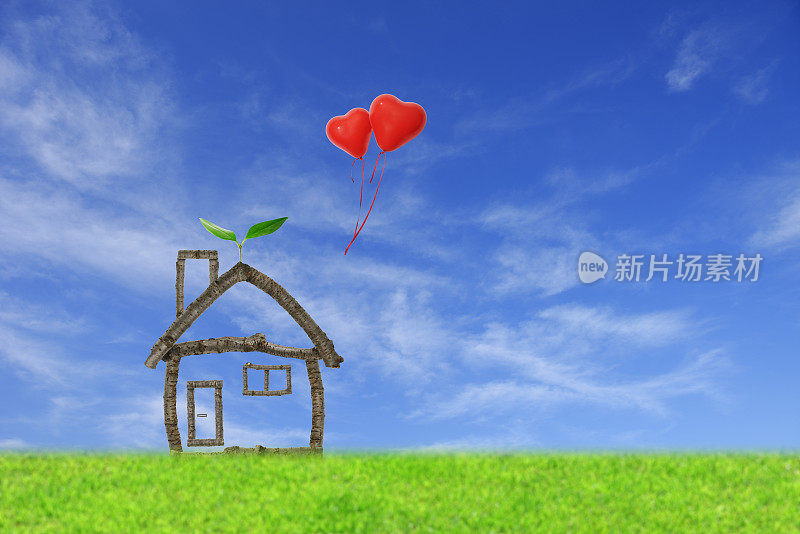 蓝色天空上的小树枝小屋，上面有第一次发芽的心形气球