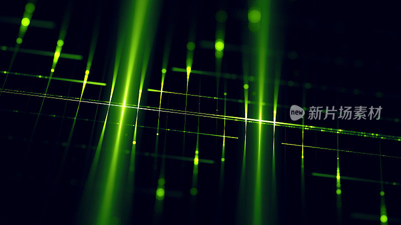 未来绿色霓虹灯技术栅格光纤激光LED串光速模式连接通信散景黑色背景迷宫金属网暗荧光数字生成图像递减透视分形艺术