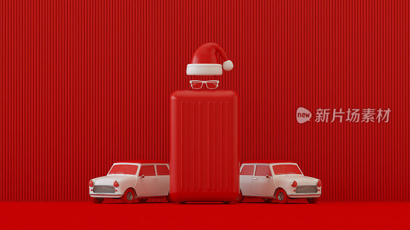 圣诞节旅行假日概念手提箱行李，汽车和圣诞老人帽子在红色背景