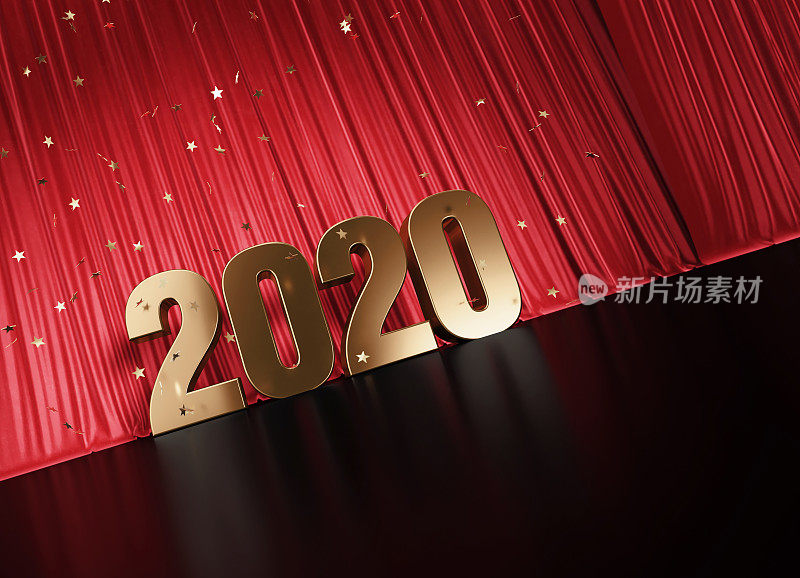 2020概念-金色2020坐在红色窗帘下的星星形状的五彩纸屑
