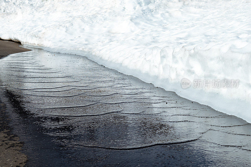 近距离拍摄瑞士阿尔卑斯山一条山路上融化的雪水