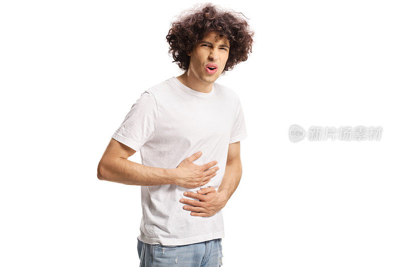 偶然的年轻人经历腹部疼痛，抱着他的肚子