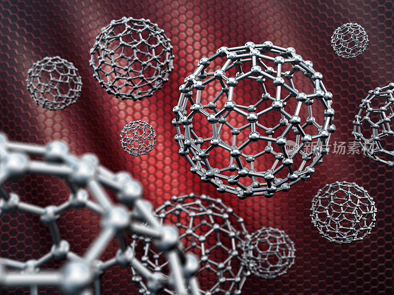 六边形网格纳米球体。纳米技术石墨烯分子。纳米技术与纳米材料三维插图