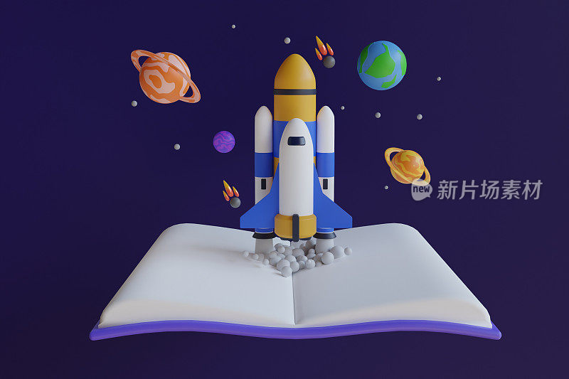 火箭发射的3D插图在一本书的顶部。一本上面有火箭的书。天文科学与教育