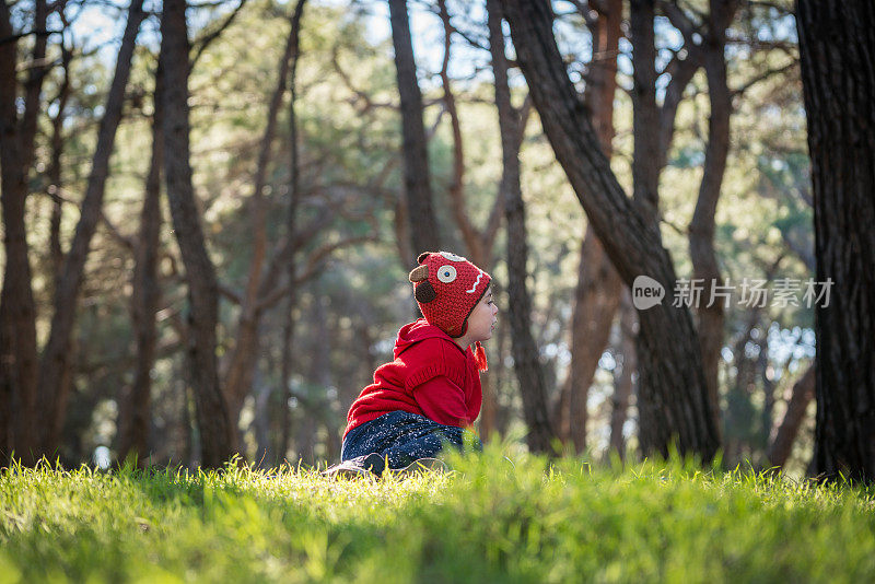 秋天，小男孩在森林的草地上消磨时光