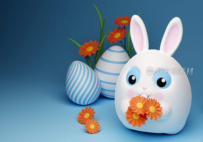 3d复活节快乐横幅上有可爱的小白兔和大大的蓝眼睛