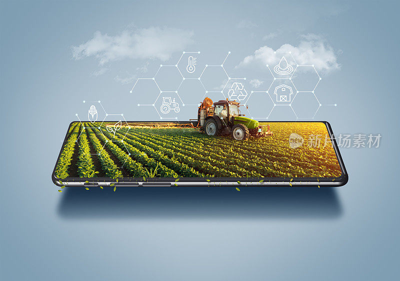 智能农业概念的3d插图，智能手机上的拖拉机，农场在线管理广告，农业控制技术在线。