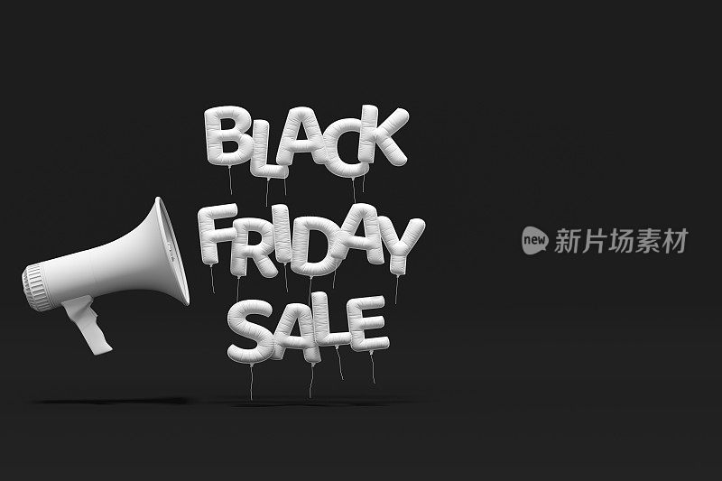 黑色星期五销售气球与扩音器在黑色背景