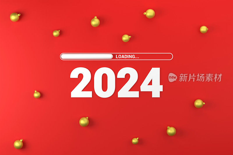 2024文本和加载栏上的红色背景与圣诞装饰