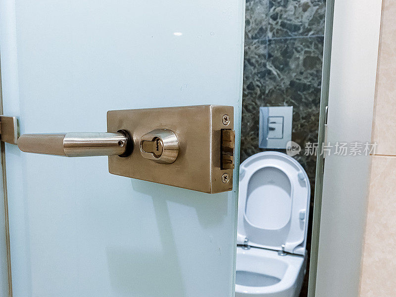 一个现代的浴室设有燃气装置，一个透明的门与金属把手，镍闩，和先进的安全性。