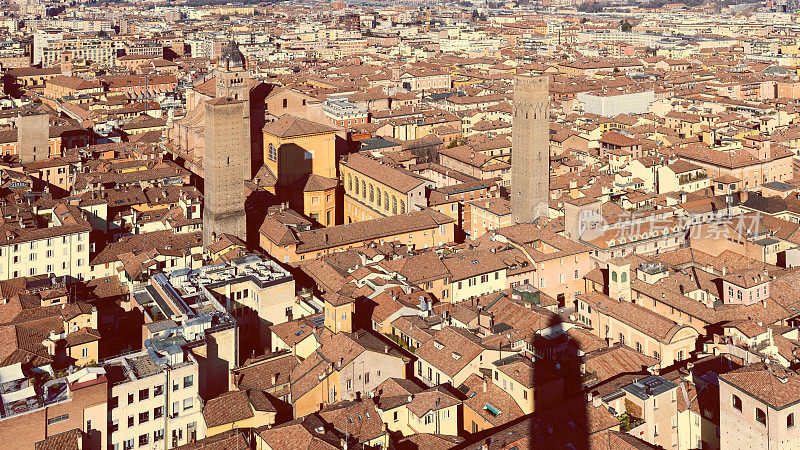 博洛尼亚市中心以其著名的中世纪塔楼而闻名。这张鸟瞰图捕捉到了城市中心标志性建筑周围密集的赤陶土屋顶