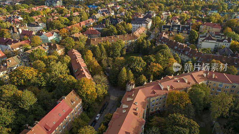 Königsberg(现在的加里宁格勒)的历史街区鸟瞰图，这是位于东普鲁士的古老德国城市，二战后被移交给苏联。