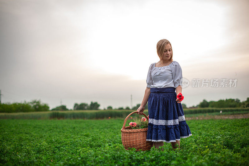 站在三叶草地里的金发女孩