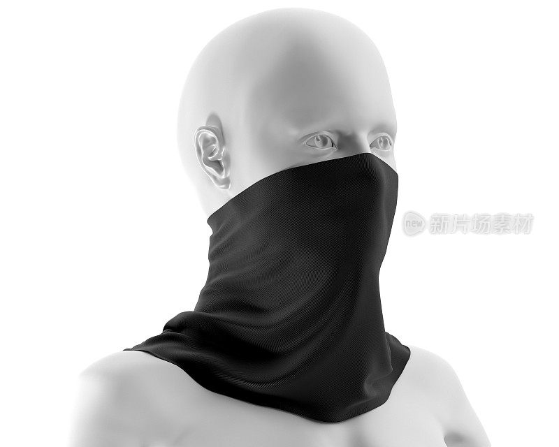 黑色颈部绑腿模型与白色人体模型，黑色织物颈部防尘3d渲染隔离在白色背景