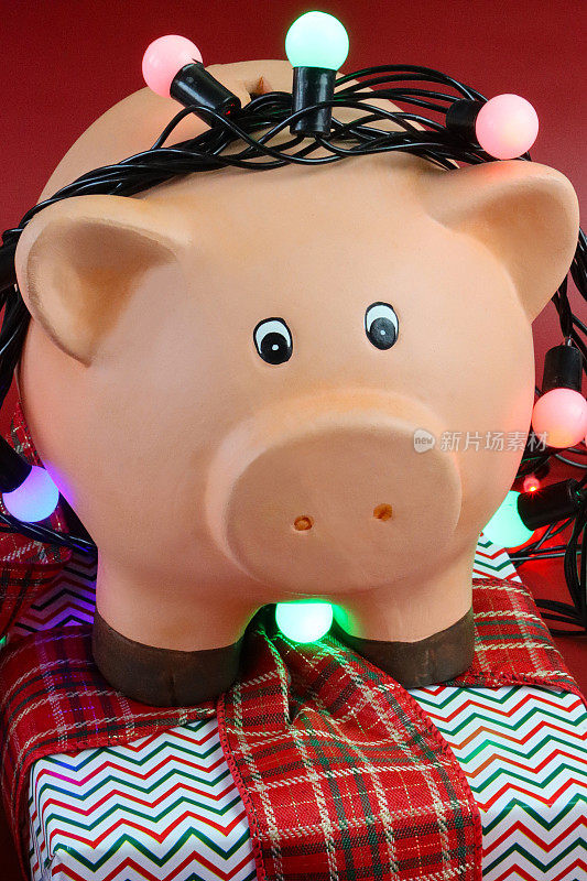 全帧图像的小猪银行包裹着照明的串仙女灯包裹圣诞礼物与格子丝带蝴蝶结，红色的背景，圣诞预算，账单，债务和财务概念