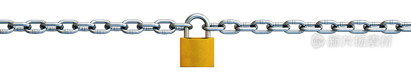 简单的黄色挂锁连接一个直链孤立在白色背景。广泛的水平组合。