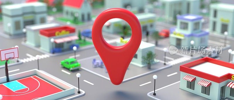 在等距城市地图上的红色位置指针，导航GPS概念。三维演示