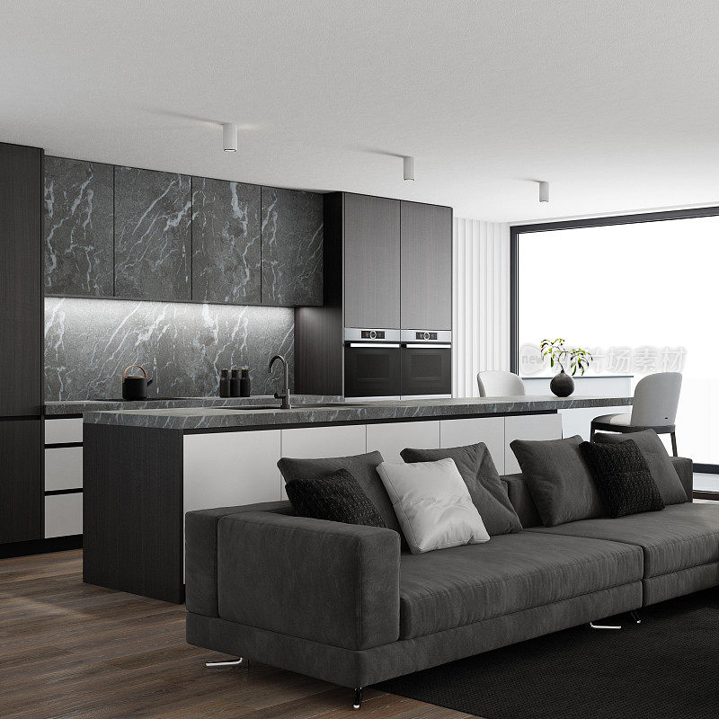 黑色和白色现代极简主义公寓内部。客厅配有现代厨房