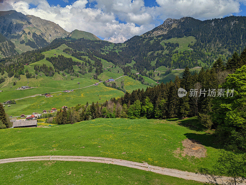 泥土轨道通过山区和草地在春天在弗里堡坎顿附近的村庄Jaun在瑞士阿尔卑斯山瑞士格鲁耶尔