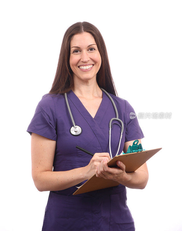 保健女紫色手术服和剪贴板