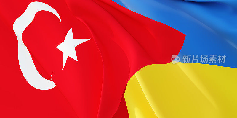 Türkiye的国旗和乌克兰的国旗在风中飘扬。